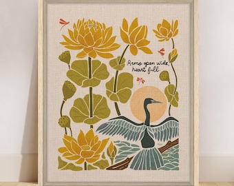 Stampa botanica di uccello Anhinga: fiori di loto e libellule, arte popolare