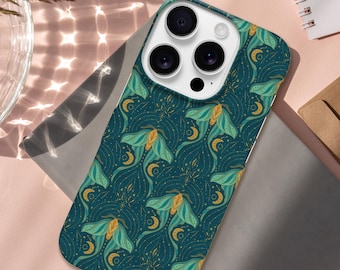 Luna Moth iPhone Case: Teal Botanical Celestial Pattern, Slim, MagSafe Compatible