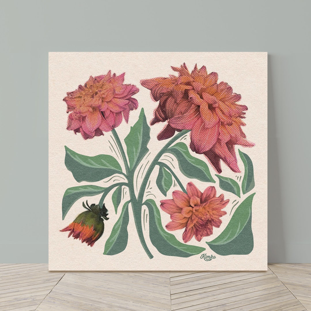Dahlia Floral Illustration Bright Floral Wall Art Botanical Home Decor