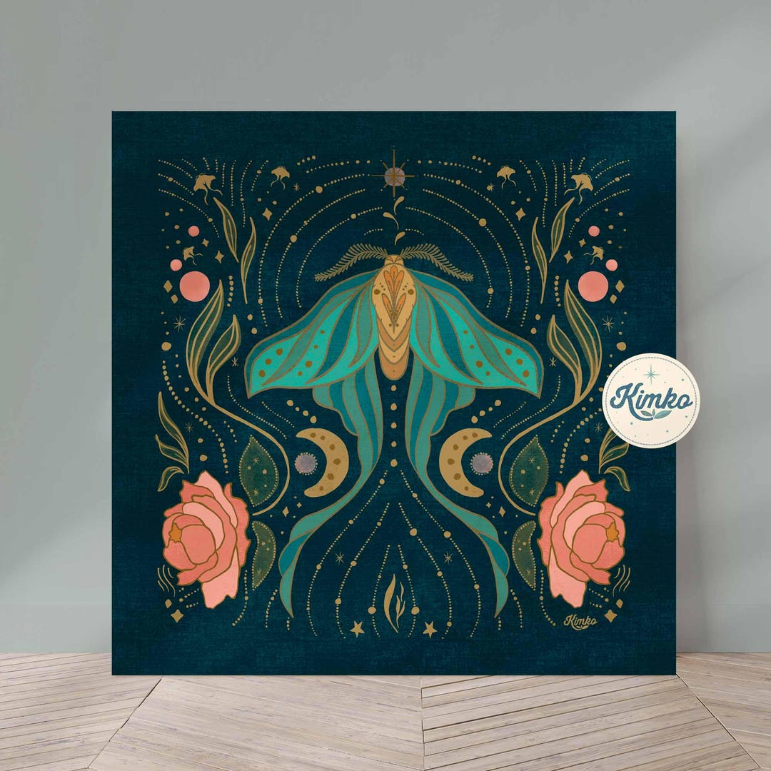 Luna Moth Art Print: Celestial Moon & Peonies Wall Decor - Etsy