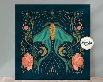 May include: A teal blue and gold moth with a floral design on a dark blue background. The moth is surrounded by stars and crescent moons. The design is framed by pink flowers.