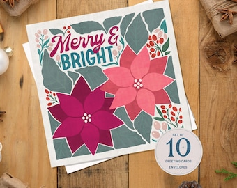 Hand-Illustrated Poinsettia Christmas Card Set: Merry & Bright, 10 Pack