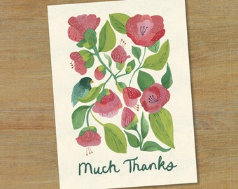 10 Pack Thank You Card Set | Artist Illustrated Greeting Card | Folk Art Inspired | Vintage Thank You | Flora and Fauna Greeting Card