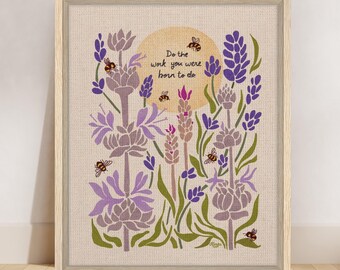 Stampa artistica su tela con cornice di api color lavanda: stampa botanica di api con citazione