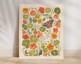 Stampa artistica moderna botanica floreale con bruchi e nasturzi / "Tutto ruota attorno al terzo atto."