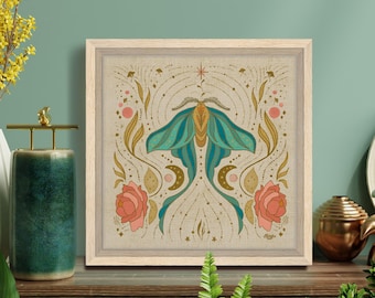 Tela incorniciata Luna Moth: Arte con luna e stelle celestiali e peonie rosa