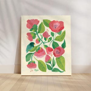 Bright Floral Wall Art | Camellias with a Blue Bird | 8 x 10 | Folk Art Inspired | Vibrant Art Print | Botanical Print | Nature Home Decor
