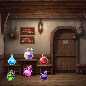 Pode incluir: Interior de uma taverna com vigas, paredes e chão de madeira. Várias garrafas de poções com líquidos coloridos são exibidas em pequenos bancos de madeira. As placas dizem "The Tavern" e "Potion Badge's". Uma porta de madeira está ao fundo.