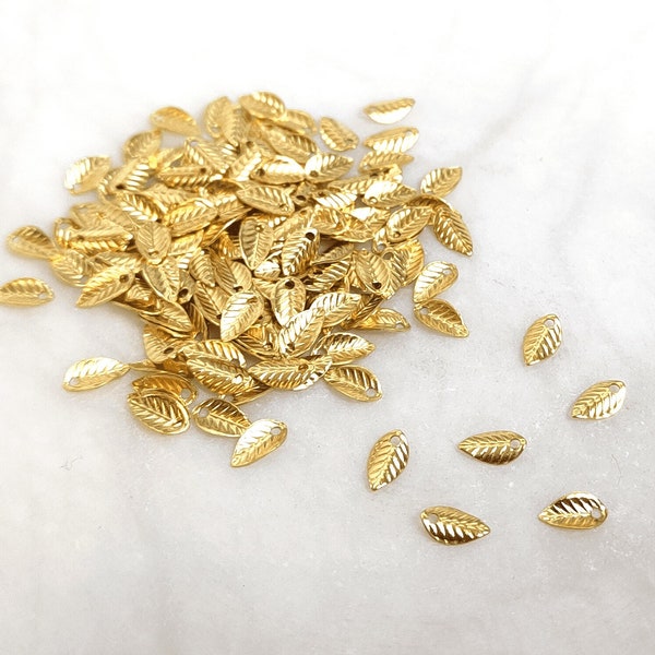 30 or 120 raw brass leaf charms, pretty 4x7mm metal finishing elements, tiny dangles for beaded jewelry, DIY jewelry Ref: 9