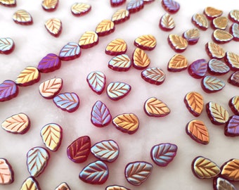 20 or 80 small Bohemian leaf beads, botanical 10mm transparent metallic gold red, Czech pressed beads in top quality Ref: 8