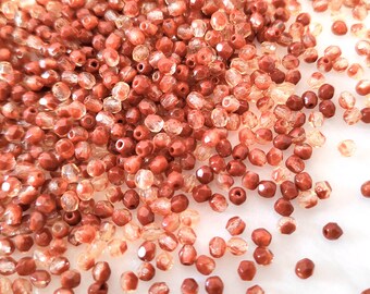 50 or 200 Czech fire-polished glass beads, faceted round 3mm transparent opaque brick red, Bohemian beads high quality Ref: 41
