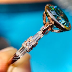 Bezel Set 3.0 CT Portuguese Cut Moissanite Diamond Engagement Ring, 14K Rose Gold Portuguese Cut Blue Green Moissanite Ring Anniversary Ring