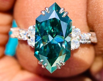 3.5 CT Dutch Marquise Cut Moissanite Engagement Ring, 14K White Gold Hexagon Cut Blue Green Moissanite Ring, Antique Moissanite Wedding Ring