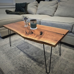 Live Edge Custom Cherry Coffee Table with Graphite Epoxy Fill Rubio Monocoat Oil Finish Very durable and Easy to Clean.  Reclaimed Wood.