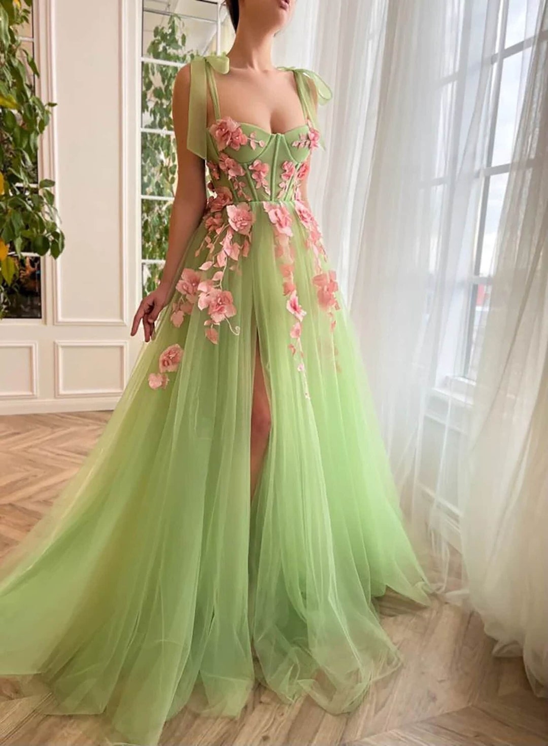 Light Green Prom Dress Pink Floral Elegant Sweetheart Bow - Etsy