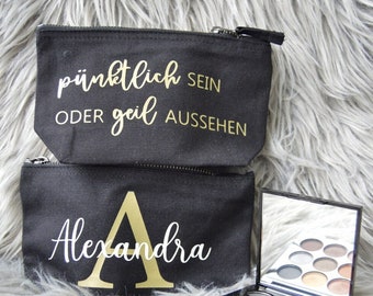 Kosmetiktasche personalisiert mit lustigem Spruch - klein und groß / Baumwolle / Kulturbeutel / Initalie und Name / schwarz / weiß / gold