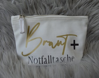 Braut Tasche personalisiert mit Spruch - klein und groß /Braut Notfalltasche/ Baumwolle / Kulturbeutel / Name / schwarz / weiß / gold