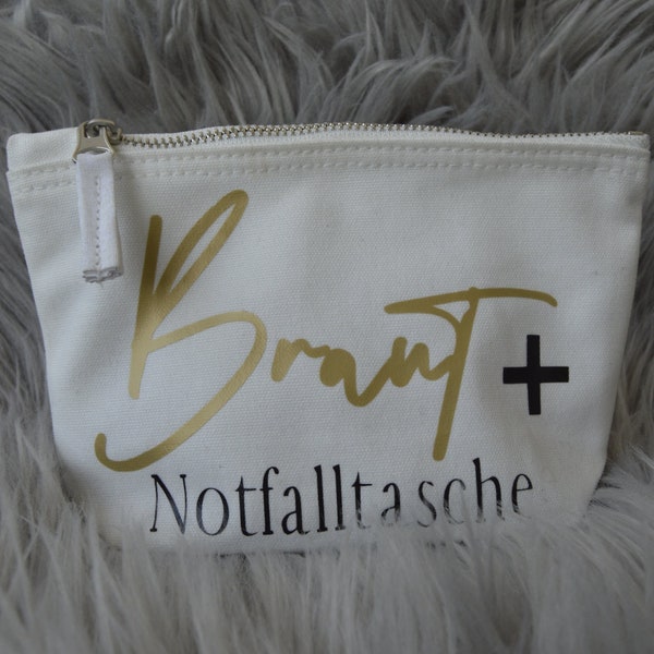 Braut Tasche personalisiert mit Spruch - klein und groß /Braut Notfalltasche/ Baumwolle / Kulturbeutel / Name / schwarz / weiß / gold