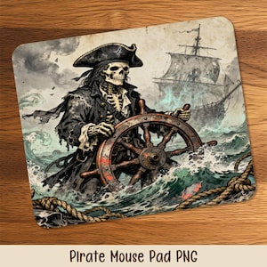May include: A rectangular mouse pad featuring a skeletal pirate at the helm of a ship, navigating turbulent waters. The pirate wears a tricorn hat and tattered coat, with a ship in the background. The mouse pad has a nautical theme with a distressed, vintage aesthetic.