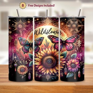 Wildflower Tumbler Wrap, Butterfly 20oz Skinny Tumbler Sublimation, Seamless PNG, Floral Tumbler Design, Commercial Use
