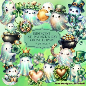 Puede incluir: Una colección de imágenes prediseñadas de fantasmas iridiscentes del Día de San Patricio. Las imágenes presentan fantasmas lindos con tréboles, ollas de oro, herraduras y sombreros de duende. El texto dice "Iridescent St. Patrick's Day Ghost Clipart ~ 20 PNGs ~ Free Designs Included!"