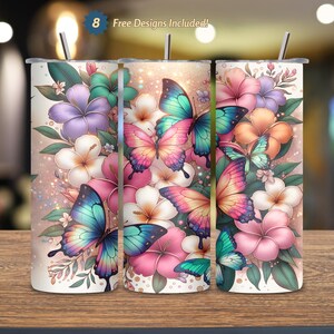 Butterfly Floral PNG, 20 oz Skinny Tumbler Wrap, Sublimation Design, Commercial Use, SEAMLESS