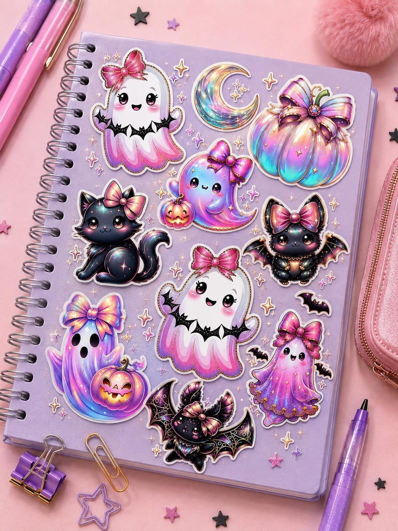 Op de afbeelding: Een lichtpaars spiraalnotitieboek bedekt met diverse stickers van iriserende geesten, zwarte katten, vleermuizen en pompoenen, allemaal versierd met roze strikken. De stickers zijn verspreid over de voorkant van de kaft van het notitieboek.