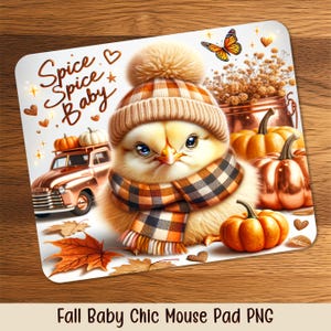May include: A mouse pad with a fall theme. It features a chick wearing a plaid scarf and hat, surrounded by pumpkins and autumn leaves. The text "Spice Spice Baby" is written on the pad, along with a vintage truck.