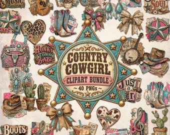 Countrymuziek Cowgirl Clipart PNG Western Girly Coquette Rodeo Cowgirl Stickers Aquarel Clipart voor Countryliefhebber