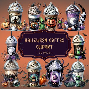 Halloween Coffee Clipart Set, Scary Gothic Watercolor Hot Coffee Drink Clipart Bundle, Spooky Season PNG Bundle, Instant Download