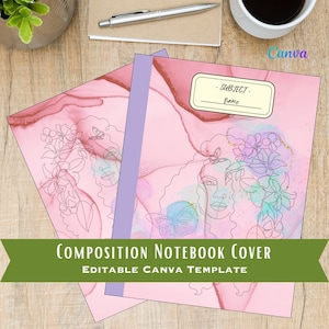 May include: Editable pink and purple notebook cover template featuring a line drawing of a woman with flowers in her hair and a butterfly. The text "COMPOSITION NOTEBOOK COVER" and "EDITABLE CANVA TEMPLATE" is at the bottom of the image.