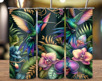 Tropical Hummingbird PNG, 20oz Skinny Tumbler Wrap, Floral Tumbler Sublimation, Straight Tapered, Commercial Use, Digital Download, SEAMLESS