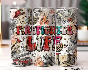 Firefighter Life PNG, Bold Firefighter 20oz Skinny Tumbler Sublimation Wrap, Retro Mixed Media Fire Design, Seamless Digital File
