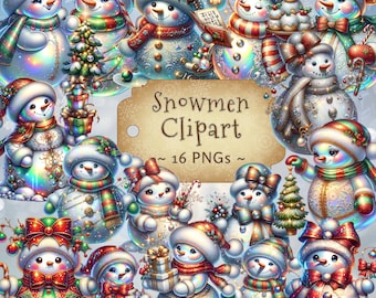 Paquete de imágenes prediseñadas navideñas PNG de muñeco de nieve iridiscente, gráficos festivos para las fiestas, descarga digital, PNG de muñeco de nieve moderno