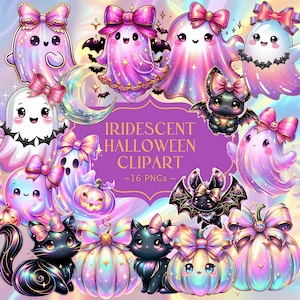 May include: A collection of iridescent Halloween clipart, including ghosts, bats, pumpkins, and black cats, each with bows. The image has a purple and iridescent colour scheme, with the text "IRIDESCENT HALLOWEEN CLIPART - 16 PNGs -" in the centre.