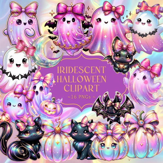 Iridescent Ghost PNG Halloween Clipart Bundle, Ghosts, Pumpkins, Cats, Bats, Pastel Spooky Graphics, Digital Download, Trendy Ghost PNG