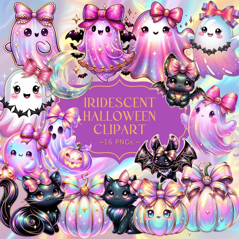 Op de afbeelding: Een digitale collectie van iriserende Halloween-clipart met geesten, vleermuizen, katten en pompoenen versierd met roze strikken. Het paarse label in het midden toont de tekst IRIDESCENT HALLOWEEN CLIPART - 16 PNGS op een holografische achtergrond.