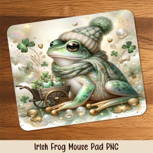May include: A whimsical mouse pad featuring a green frog wearing a knit hat and scarf. The frog is surrounded by shamrocks, butterflies, and gold coins. The text "Irish Frog Mouse Pad PNG" is at the bottom.