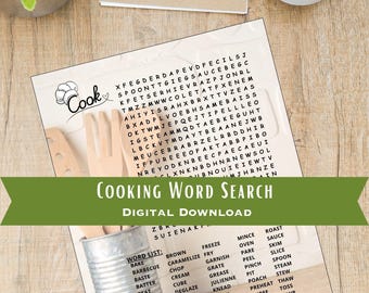 Caça-palavras com letras grandes Quebra-cabeça de palavras para impressão Download instantâneo Jogo de festa divertido Design de culinária