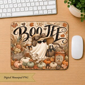 Mousepad BOOJEE com estampa de abóbora fantasma e sublimação, design digital, presente para amantes de fantasmas, tapete de mesa aconchegante para o outono, decoração de escritório (PNG).