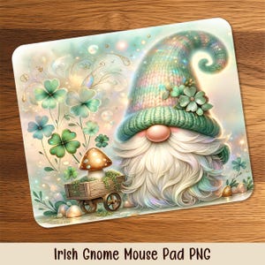 May include: A whimsical mouse pad featuring an Irish gnome with a long white beard and a green knit hat adorned with shamrocks. The gnome is set against a pastel background with shamrocks and a mushroom cart. Text at the bottom reads "Irish Gnome Mouse Pad PNG".