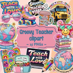 Groovy Teacher Clipart Bundle PNG Retro School Graphics Teacher Sublimation Stickers Back to School Classroom Digital Download
