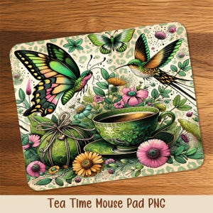 May include: A square mouse pad featuring a whimsical tea party scene. The design includes a green teacup, butterflies, a hummingbird, and various flowers. The background has a leopard print pattern. The text "Tea Time Mouse Pad PNG" is at the bottom.
