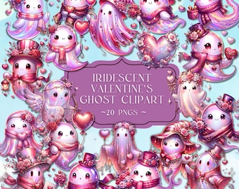 Iridescent Valentine Ghost PNGs, Cute Pastel Ghosts, Kawaii Romantic Ghost Graphics, Trendy Ghost PNG, Spooky Graphics