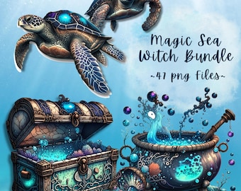 Sea Witch Clipart Bundle PNG Craft Watercolor Graphics for Printable Invitations Witchy Journal Projects Instant Download