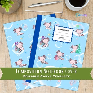 May include: Editable composition notebook cover template featuring a blue background with a repeating pattern of pink axolotls in bubbles. The text "This book belongs to" and "Subject" is included in a white box with a blue border.