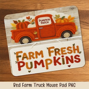 May include: A decorative mouse mat featuring a red farm truck carrying pumpkins, with the text "Pumpkin Patch." Below, the text "FARM FRESH PUMPKINS" is displayed. The design is set against a wood-grain background.