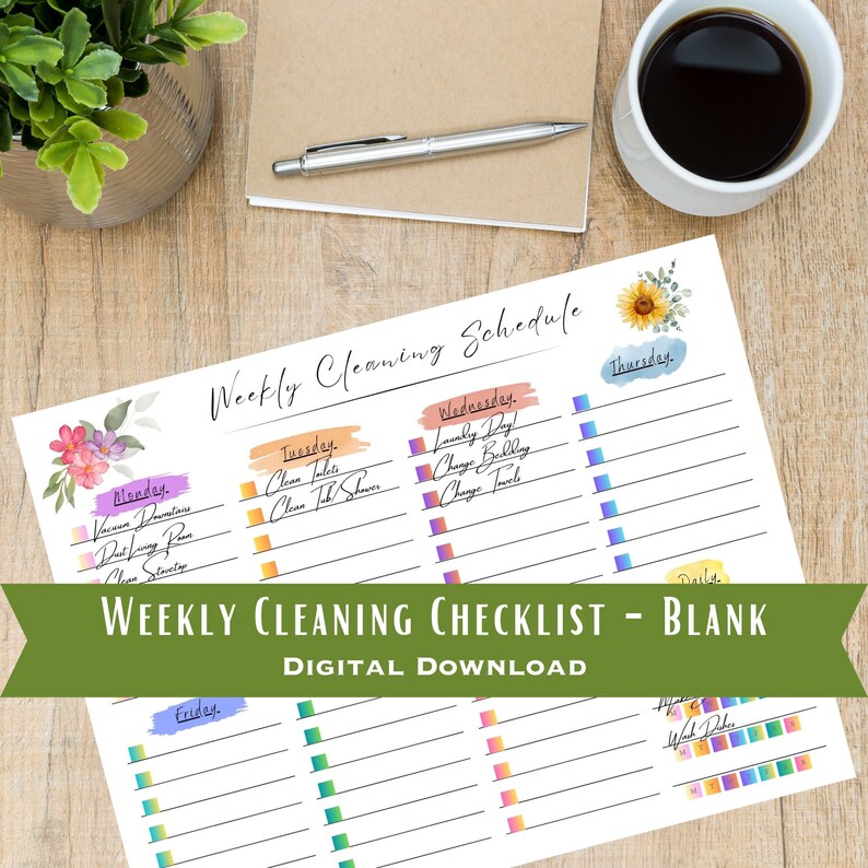 Floral Cleaning Schedule Printable Cleaning Checklist Blank Weekly ...