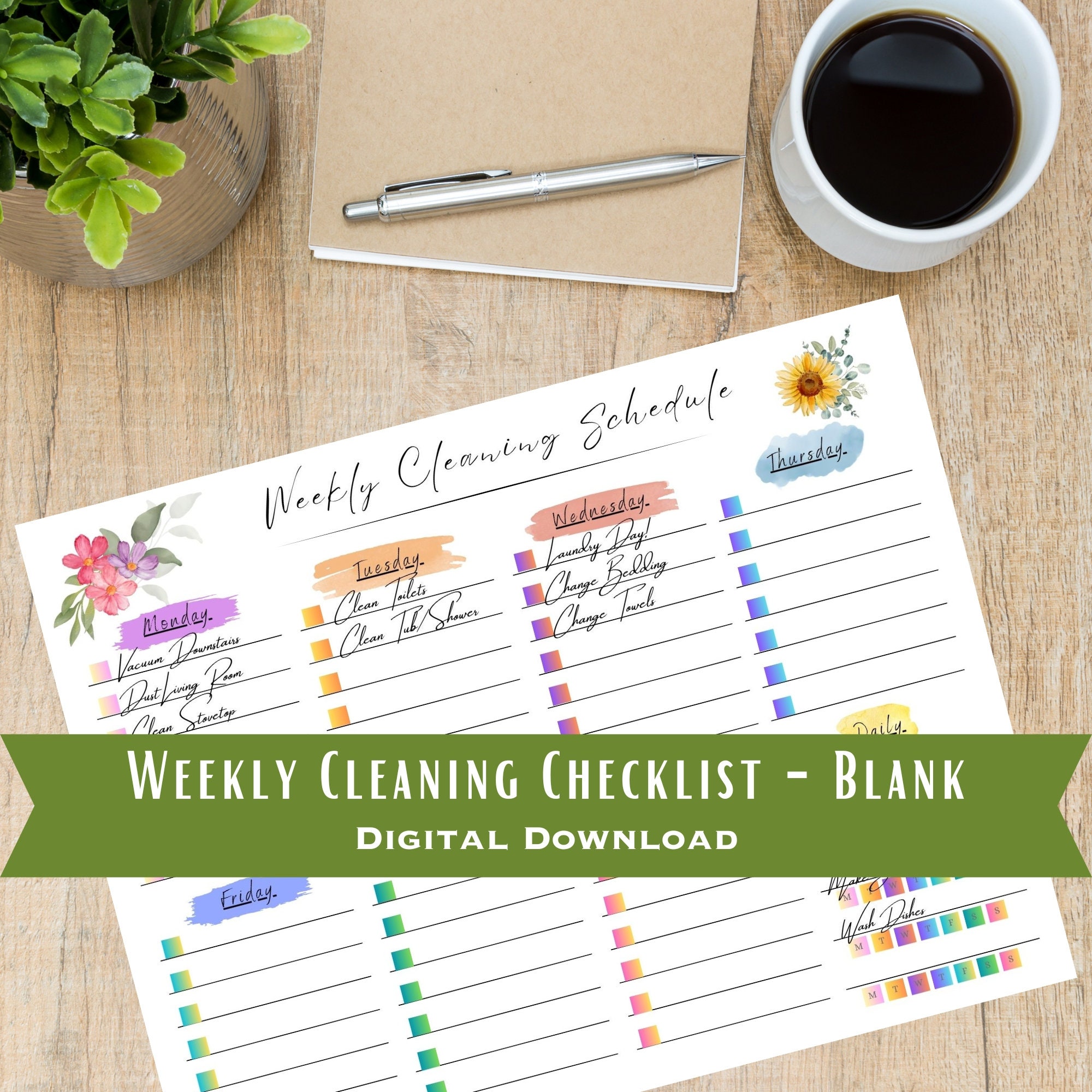 Floral Cleaning Schedule Printable Cleaning Checklist Blank Weekly ...