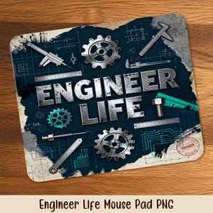 Peut inclure: Tapis de souris « Engineer Life » avec un fond bleu foncé et un aspect vintage vieilli. Le design comprend des outils d'ingénierie, des engrenages et les mots « ENGINEER LIFE » dans une police métallique. Le tapis est rectangulaire.